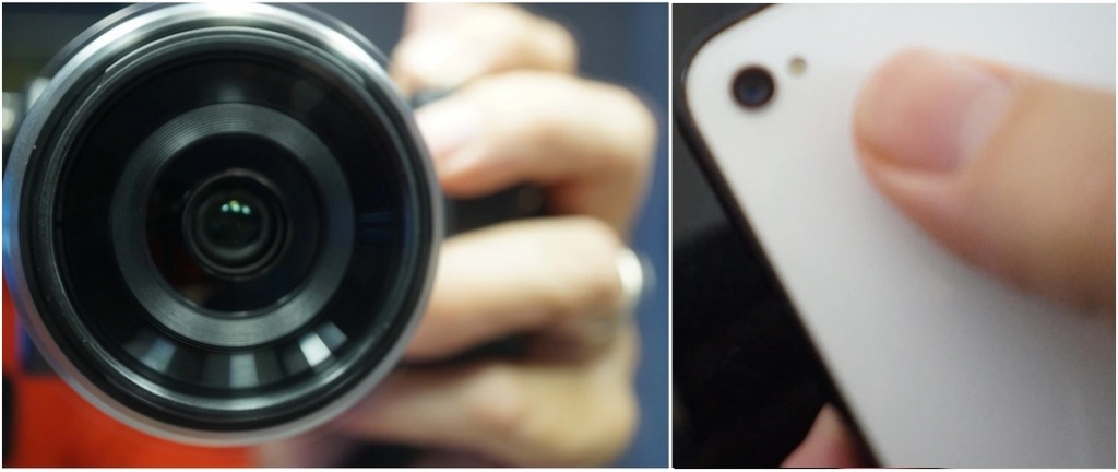 composite (left) showing APS-C mirrorless camera and (right) cellphone camera