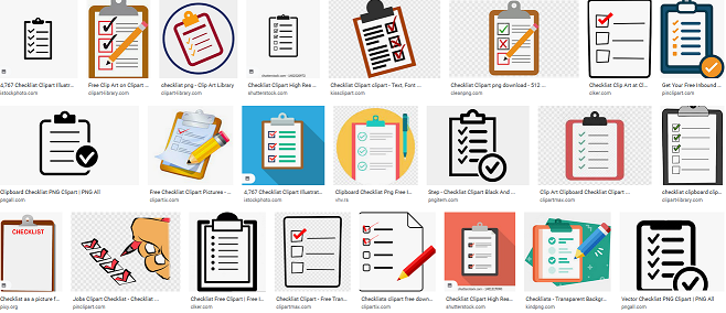screenshot with 3 rows by 8 clipart images for the search term "checklist"