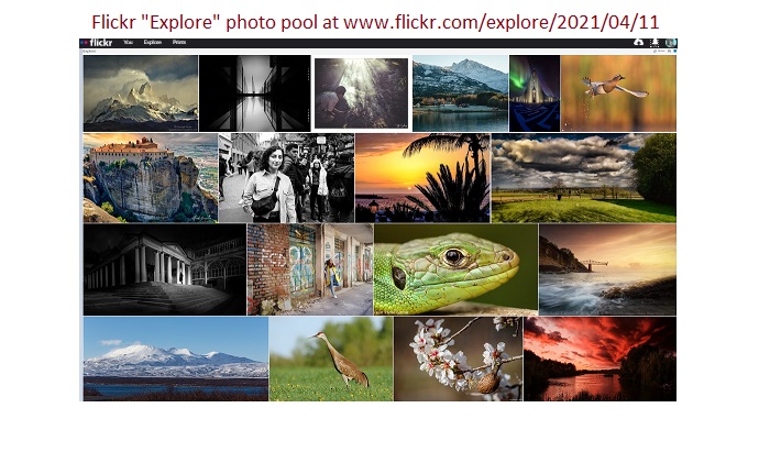screenshot of 18 thumbnail images featured on April 11, 2021 in the daily selection by Flickr photosharing editors