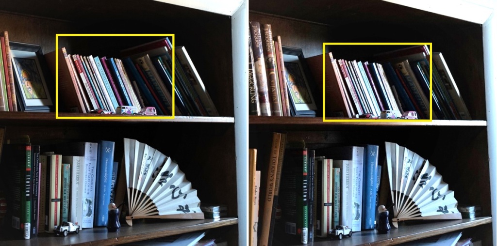 collage of two photos of paperback books on shelf lit by window at the right edge