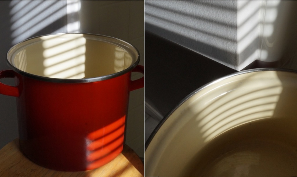 collage of 2 photos: left shows red enamel soup pot on stool, decorated by parallel shadow lines from window blind. The right-hand photo looks down into the pot where shadow lines are forced to curve on the pot's inner diameter