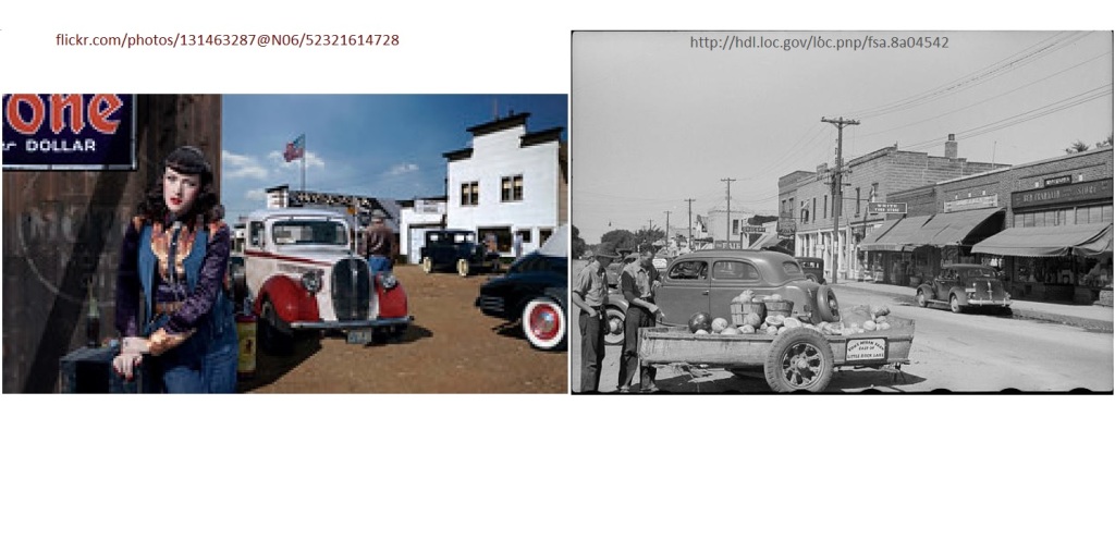 collage with color 2022 photo to depict rural western USA town around 1940 and black-and-white 1939 photo of small-town main street in Minnesota