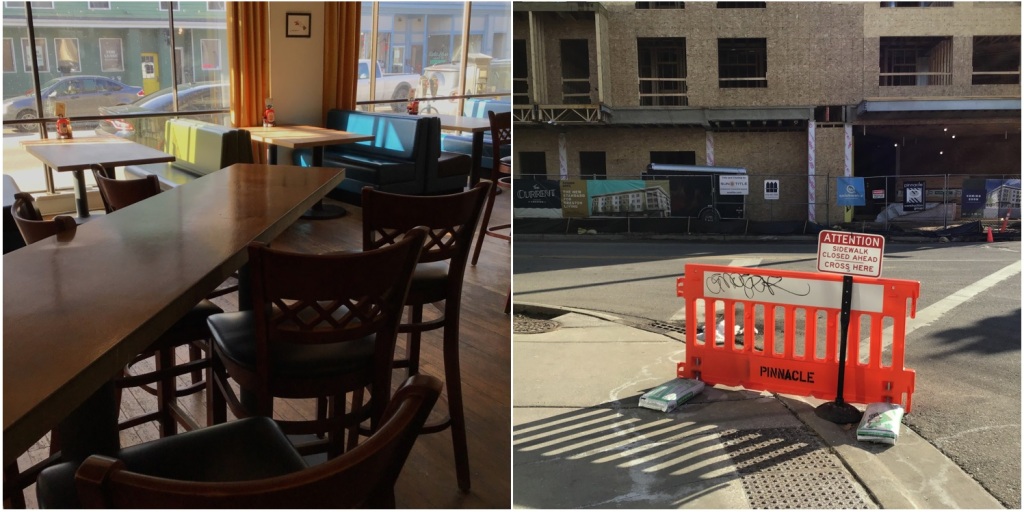 collage of 2 pictures in square format: left is afternoon light pouring through show windows onto booths and tables at microbrewery, right is sidewalk corner with shaded building construction in background and orange 'do not cross' barricade in foreground.